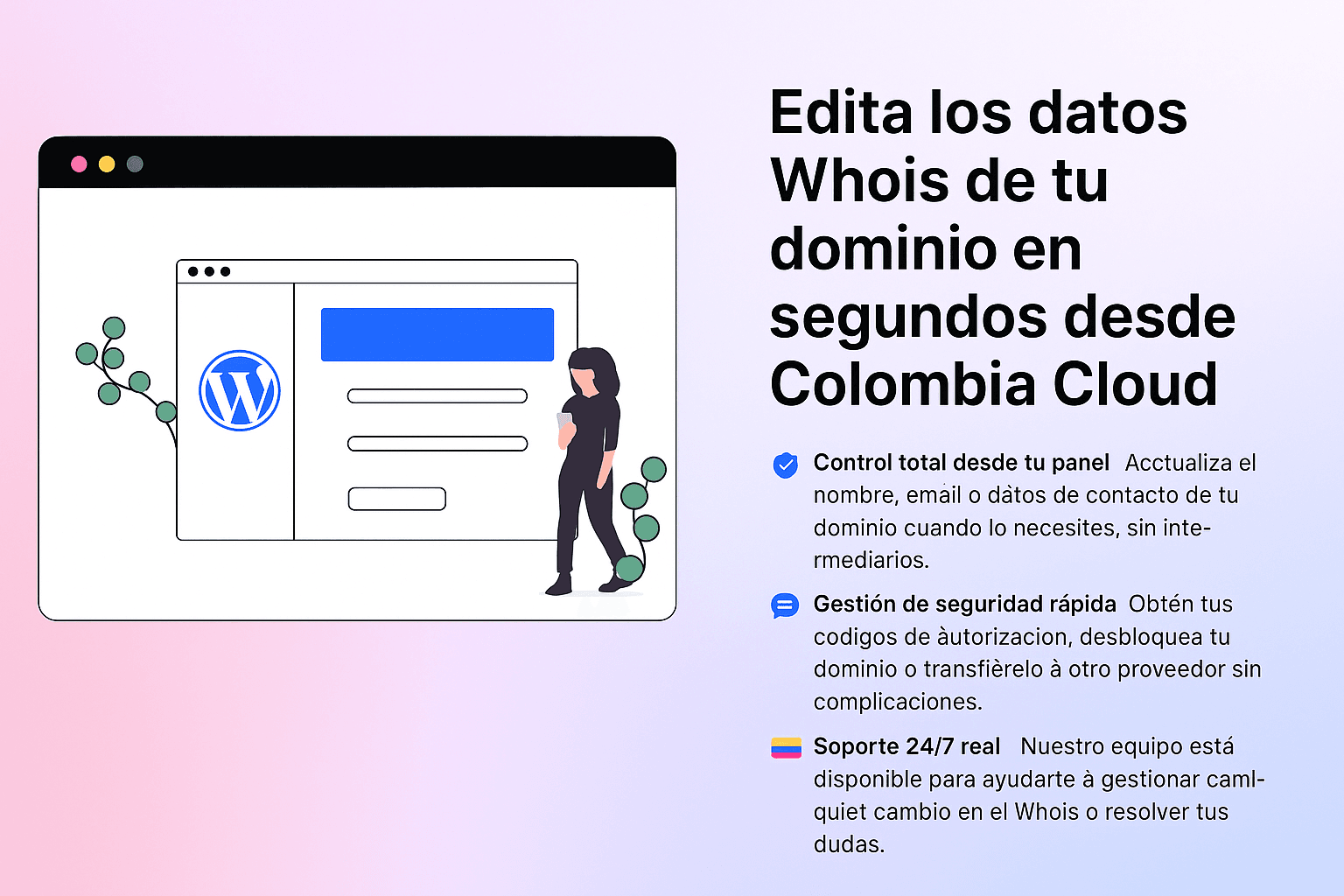 Ilustración digital sobre la actualización de datos Whois en dominios registrados con Colombia Cloud